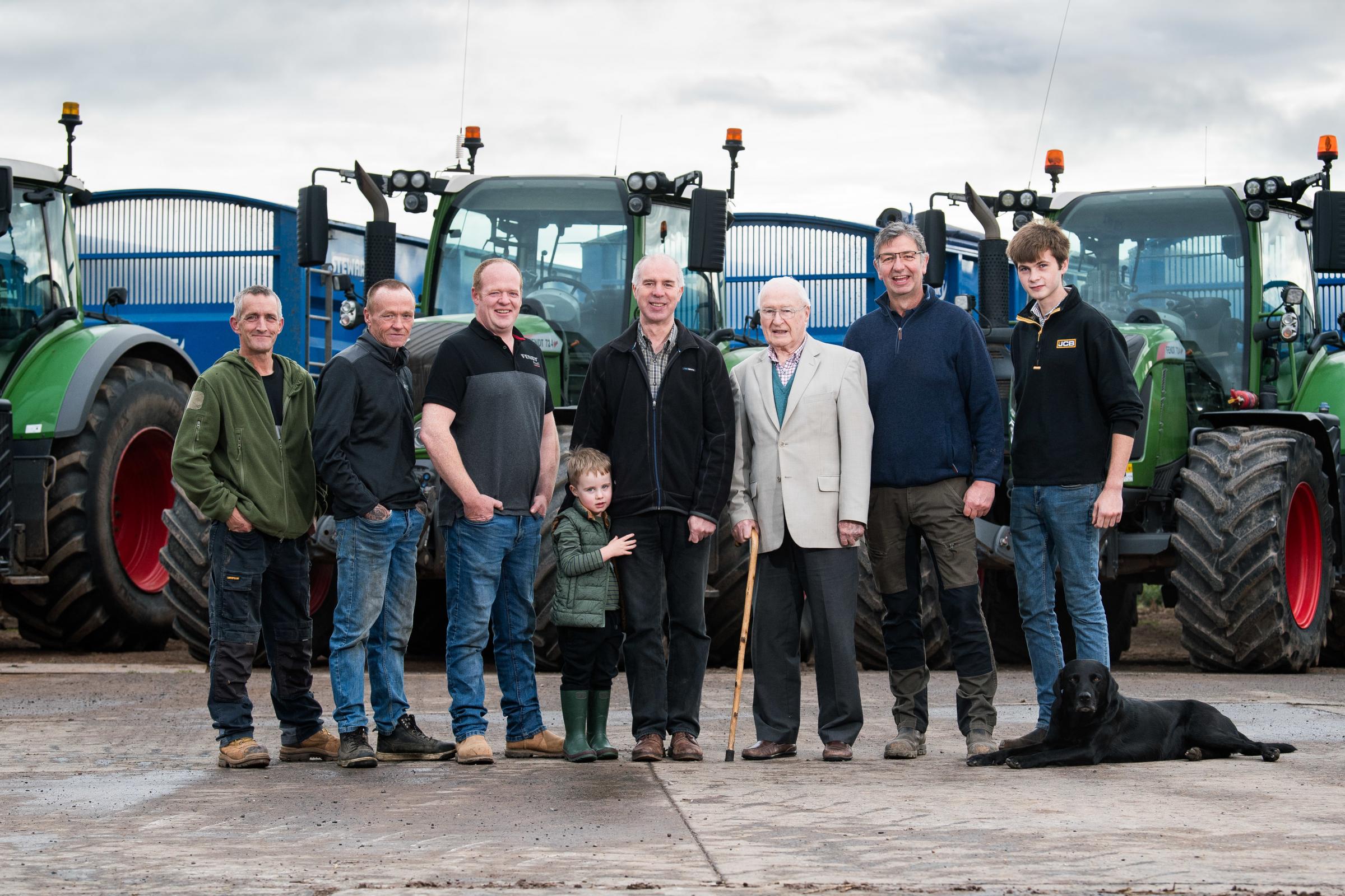 Arable farm of the year finalist, Hamish Morison Farming Ltd, John, Jake, Keith, Hamish, James, Douglas, Neil and Robert with Woody the dog at West Morriston Ref: RH140924037 Rob Haining / The Scottish Farmer...