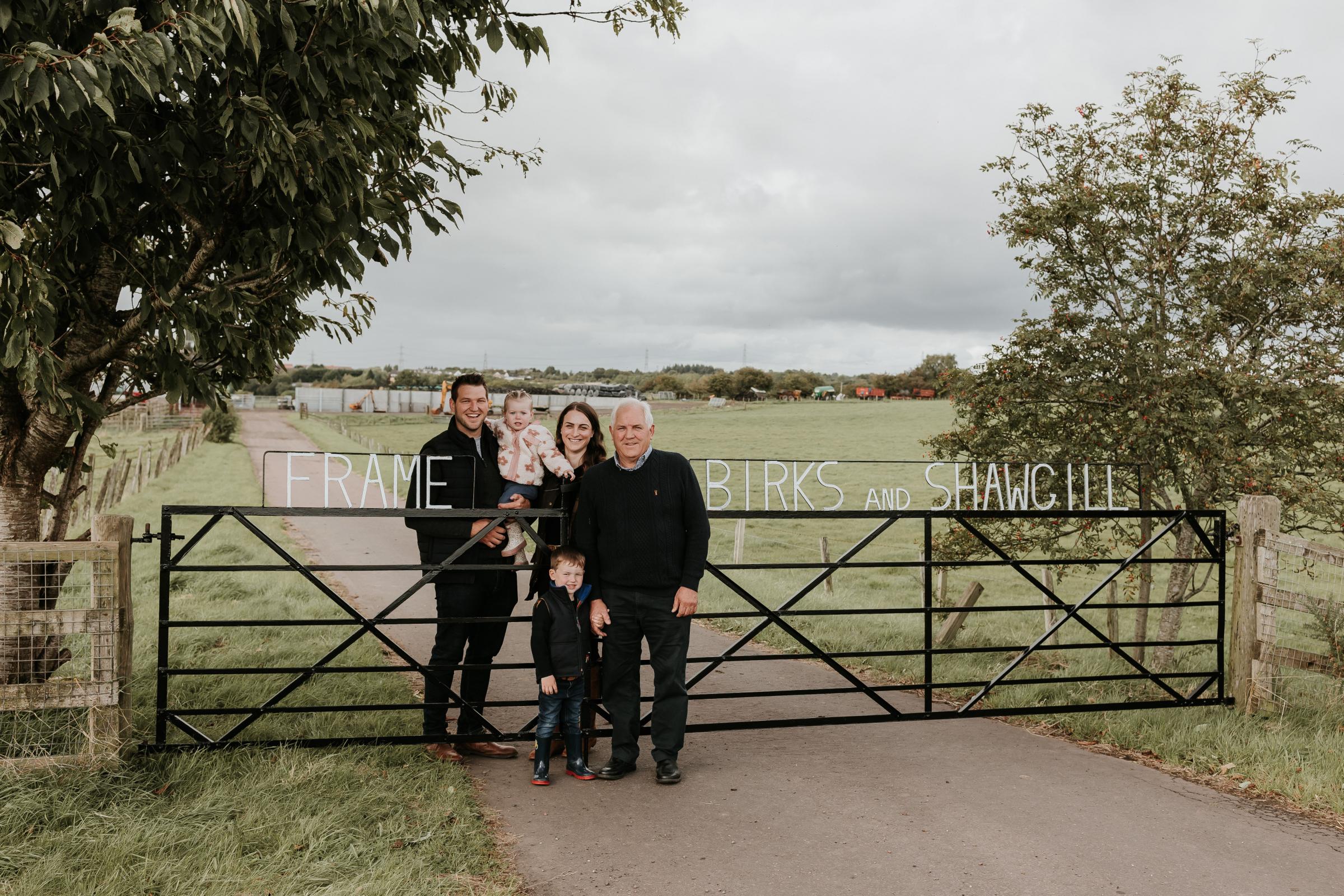 Douglas Frame with wife Rachel, kids Eilidh and Lewis with Douglas father Jim, Birks Farm, Carluke